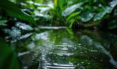 Obraz na płótnie Canvas Raindrops falling into a tranquil pond surrounded by lush vegetation