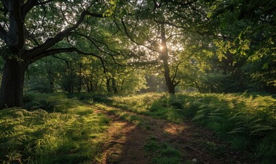 Naklejka premium Road in spring forest, nature background.