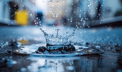 Raindrops splashing into a puddle on a deserted city street, closeup view