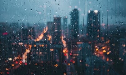 Raindrops streaking down a windowpane with a blurred cityscape in the background