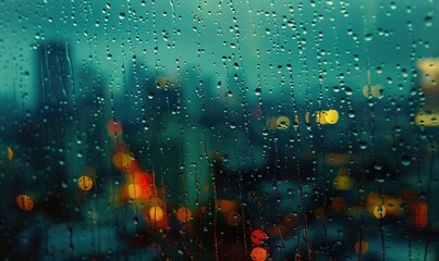 Raindrops streaking down a windowpane with a blurred cityscape in the background