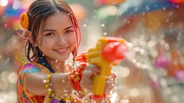 A beautiful Asian female tourist Playing in the water on Songkran Celebrate Songkran Festival Holding a colorful water gun with a fun water play on a street background in Thailand.	
