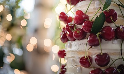 Obraz na płótnie Canvas Ripe cherries adorning a wedding cake, closeup view, bokeh lights on background