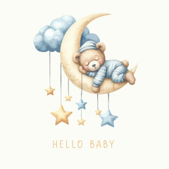 Cute baby shower watercolor invitation card with sleeping bear on moon and cloud.