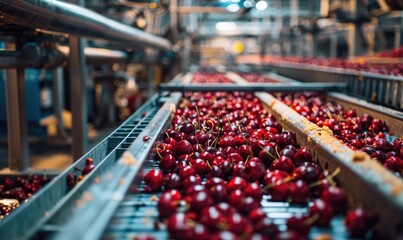Ripe cherries being sorted and packaged in a bustling fruit processing facility - Powered by Adobe