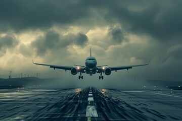   A large jetliner flies above a runway, shrouded in a cloudy sky, as lights gleam at its end on a cloudy day