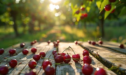 Ripe cherries scattered on a wooden picnic table in the dappled sunlight of a cherry orchard