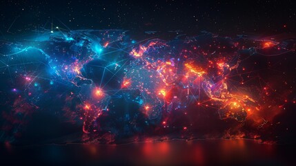 A digital composite of a world map connected by glowing lines, portraying the idea of a networked, globalized planet - obrazy, fototapety, plakaty