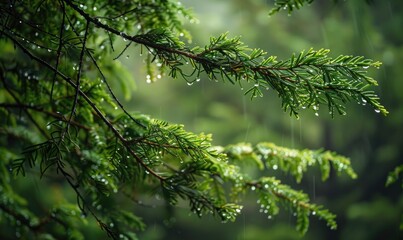 Closeup view on cedar branch in rain drops, bokeh background