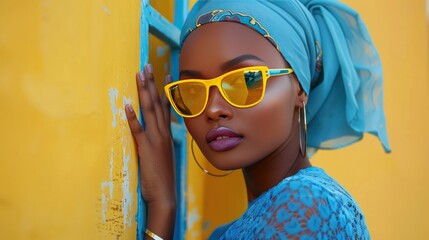 A stylish woman in a headscarf and sunglasses poses by a yellow wall in the southern region. - obrazy, fototapety, plakaty