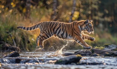 Fototapeta na wymiar Siberian tiger in the forest river