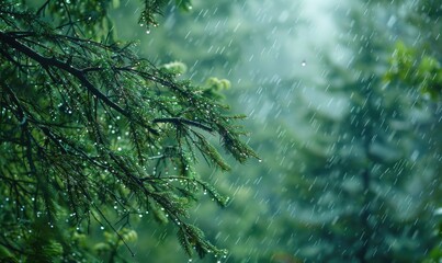 Closeup view on cedar branch in rain drops, bokeh background - obrazy, fototapety, plakaty