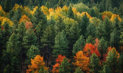 The vibrant colors of autumn foliage contrasting with the deep green of pine trees in a forest,...
