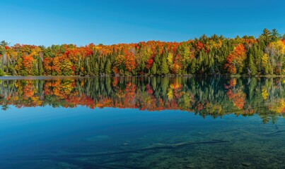 The vibrant colors of autumn reflected in the crystal-clear waters of the lake