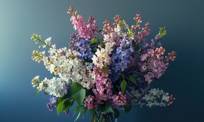 A bouquet featuring both lilacs and laburnums against blue wall