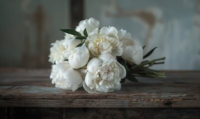 A bouquet of white peonies on a rustic wooden table