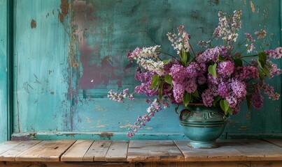 A bouquet of lilacs on a rustic farmhouse table