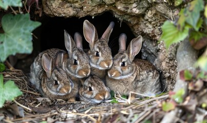 Obraz premium A bunny family nestled together in a cozy burrow