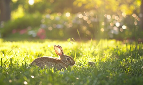A bunny enjoying a sunny patch of grass