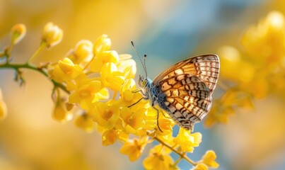A close-up of a butterfly resting on a laburnum blossom - obrazy, fototapety, plakaty