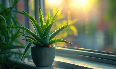 A close-up of a vibrant green aloe vera plant basking in the sunlight on a windowsill