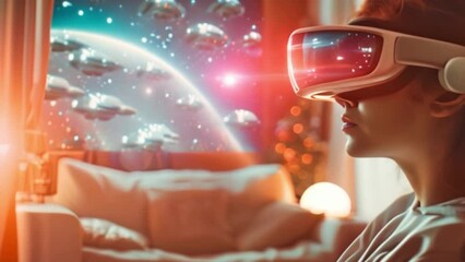 A young girl wearing a futuristic VR headset is amazed by an animated spaceship flying around their living room with a virtual reality glasses device.