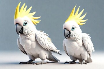 Adorable 3d rendered cute happy smiling and joyful baby Sulphur crested cockatoo cartoon character on white backdrop