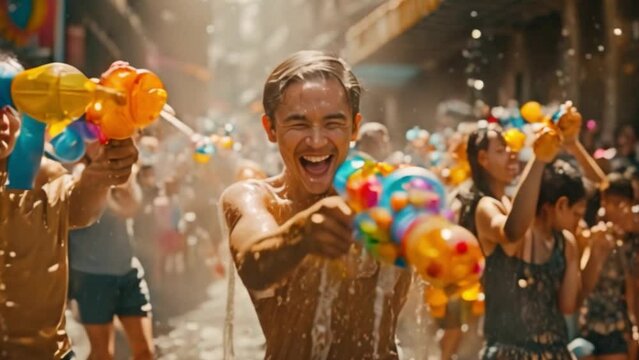 A group of tourists and foreign friends play in the water in Thailand on Songkran Celebrate Songkran Festival holding a colorful water gun.	
