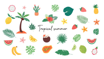 Banner of the summer sale. Creative bright, blue, pink background with tropical leaves, fruits and hibiscus flowers. Summer sale, poster template, background banner on the Internet