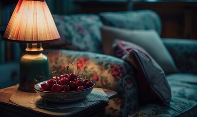 Rip cherries in the bowl, room interior in warm lighting