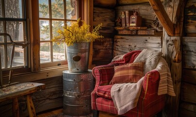 A cozy reading nook in a rustic cabin - obrazy, fototapety, plakaty