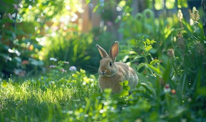 A curious bunny in the summer forest - obrazy, fototapety, plakaty