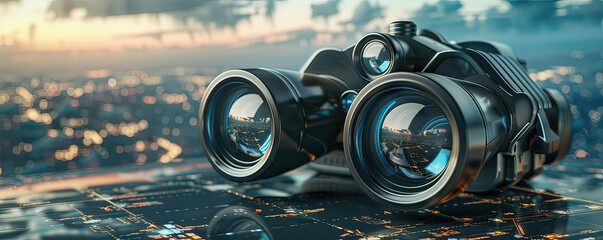3D-rendered binoculars overlooking a landscape of web pages, foresight in SEO planning and strategy
