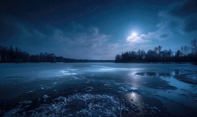 A frozen lake bathed in the soft glow of the moonlight - obrazy, fototapety, plakaty