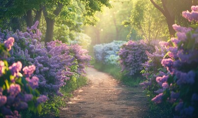 A garden pathway lined with blooming lilac bushes