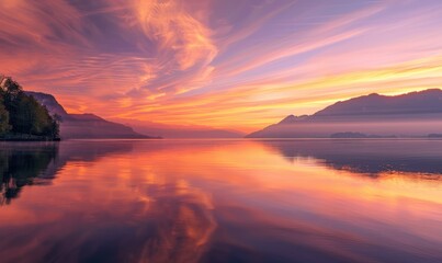 Bright sunrise over the lake, clouds reflected in water surface