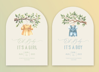 Cute baby shower watercolor invitation card for baby and kids new born celebration. Its a girl, Its a boy card with tree branch with childrens clothes on a hanger.