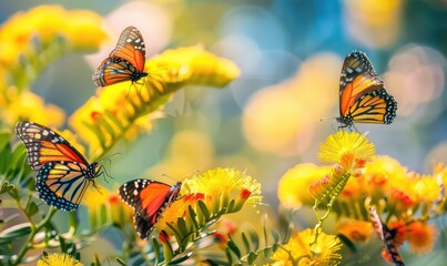 A group of butterflies fluttering around a cluster of Mimosa flowers
