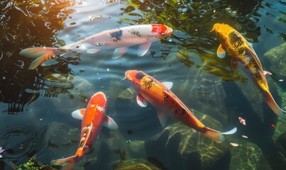 A group of colorful koi fish swimming in a tranquil pond