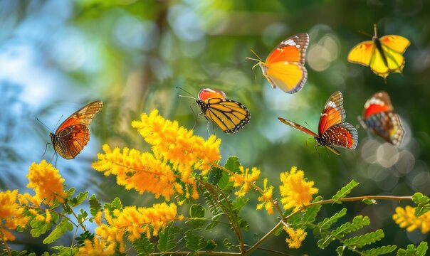 A group of butterflies fluttering around a cluster of Mimosa flowers