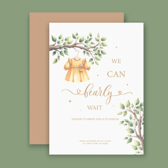 Cute baby shower watercolor invitation card for baby and kids new born celebration. Its a girl, Its a boy card with tree branch with childrens clothes on a hanger.