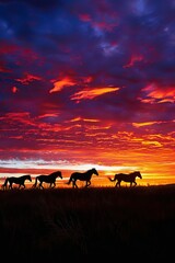 Fototapeta na wymiar A group of horses running across a field at sunset