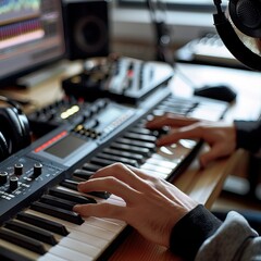 A person is playing a keyboard in a studio - obrazy, fototapety, plakaty