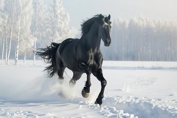 A black horse is running through the snow
