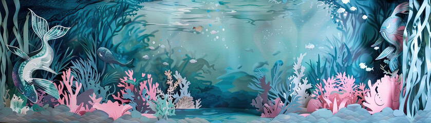Obraz na płótnie Canvas 3D underwater theme birthday party, mermaids and sea creatures, mystical
