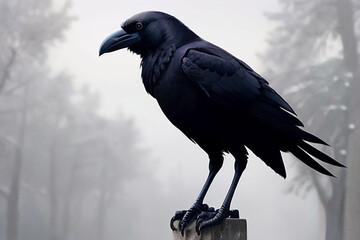raven on a rock, misty morning with a bird in the foreground and fog in the background