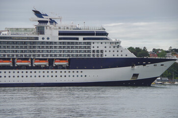 Modern cruiseship or cruise ship liner Summit arrival into Portland, Maine cruise port in New...