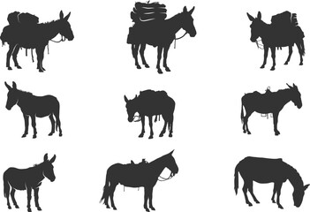 Pack mule silhouette, Mule silhouettes, Packed mule svg, Mule svg, Pack mule vector illustration - obrazy, fototapety, plakaty