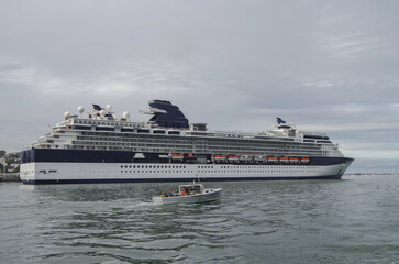 Modern cruiseship or cruise ship liner Summit arrival into Portland, Maine cruise port in New...