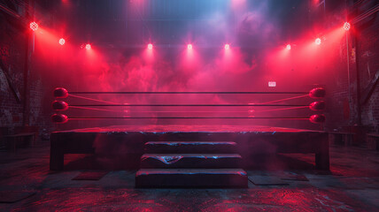 Epic empty boxing ring in the spotlight on the fight nightvibrant stage backdrops,generative ai - obrazy, fototapety, plakaty